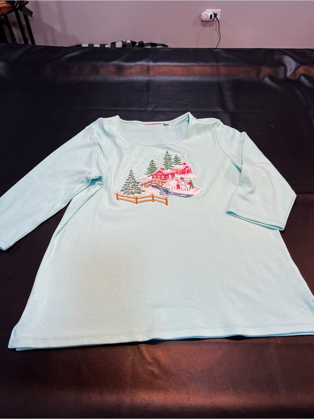 Quacker Factory Light Blue Holiday Winter Village Top Size Large